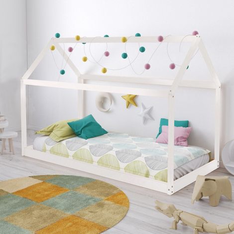 Lit cabane PANDA 90x190 + 1 sommier + matelas IRIS / Blanc/ 195x134x97