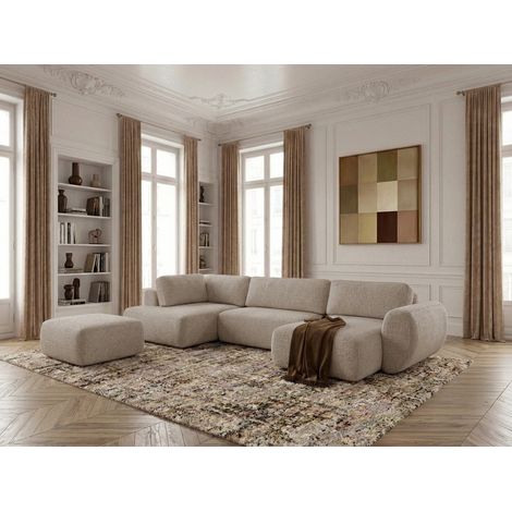 BOBOCHIC - Canapé panoramique convertible coffre DENISE tissu texturé avec pouf Angle droit  Beige