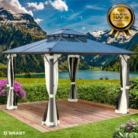 BRAST Pavillon Aluminium Pagode 3,5x3,5m Beige inkl. Moskitonetz festes Dach wasserdicht stabil UV-Schutz (1/4)