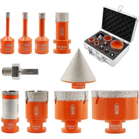Foret Diamant Kit Trépan Carrelage – 10 pièces 6/8/10/20/35/50/68 mm Trépan Diamant M14 pour Porcelaine, céramique, carrelage, marbre, granit – Perçage à sec (1/5)