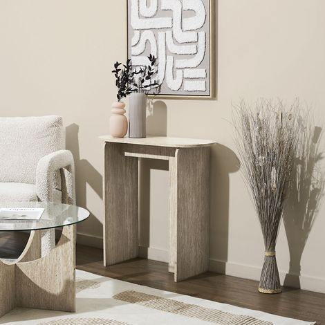 The Home Deco Factory – Console minimaliste effet pierre travertin – Blanc et beige – Dimensions compactes – Piétement épais pour stabilité