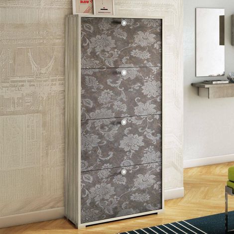 Étagère à chaussures rose, Meuble d'entrée polyvalent avec 4 portes pliantes, Meuble à chaussures double profondeur, 67x28h147 cm, Orme et motif (1/5)