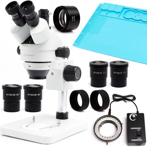 Microscope stéréo trinoculaire Techrebal 10HT 3,5X - 45X avec base métallique revêtue de silicone 48x32cm et éclairage LED réglable 60X (1/5)
