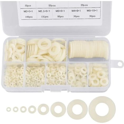 KLVGTIFS PU - 500 rondelles plates en nylon blanc, en plastique, tailles M2/M2.5/M3/M4/M5/M6/M8/M10, pour fixations industrielles. (1/4)