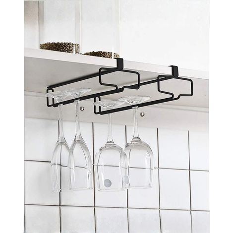 Lot de 2 porte-verres à vin sous l'armoire Support de verre à vin Stemware Support suspendu sans perçage pour bar de la maison, cuisine bar restaurant noir (1/5)