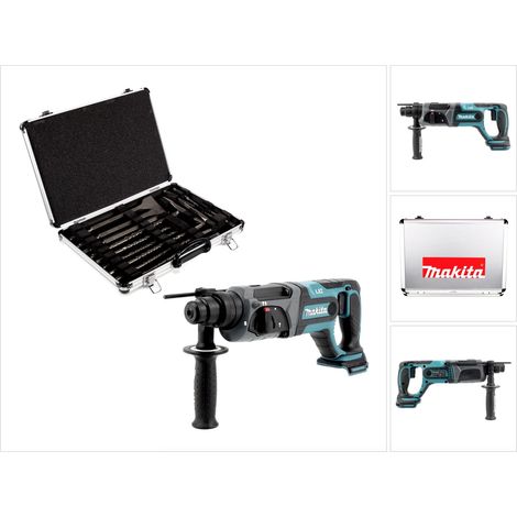 Trapano a percussione a batteria Makita DHR 241 Z 18 V Li-Ion con mandrino SDS-Plus solo + set di punte Makita D-42444 SDS-Plus 17 pezzi in valigetta di alluminio - senza batteria, senza caricabatteri