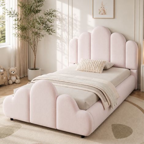 Letto singolo imbottito 216x106x89 cm, design a nuvola, struttura in un pezzo, velluto rosa (1/5)