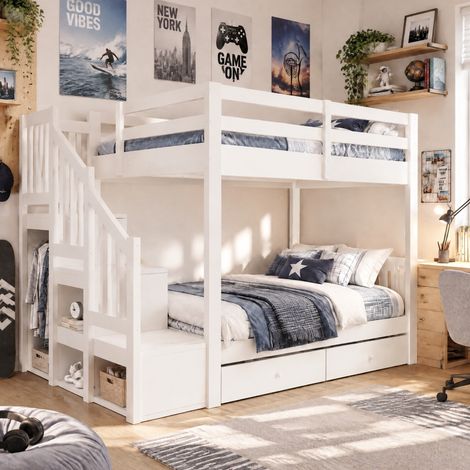 Cama alta loft 140x200 cm de madera con escalera de almacenaje, armario y 2 cajones, para niños y jóvenes - Blanco (1/5)