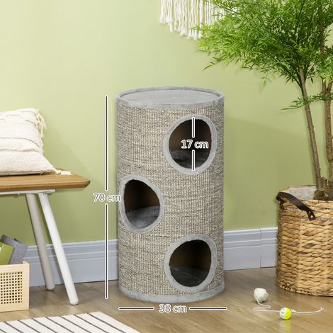 Maison pour chat à trois étages avec griffoir, en sisal et peluche, 38 cm de diamètre x 70 cm de hauteur, gris clair. (1/5)