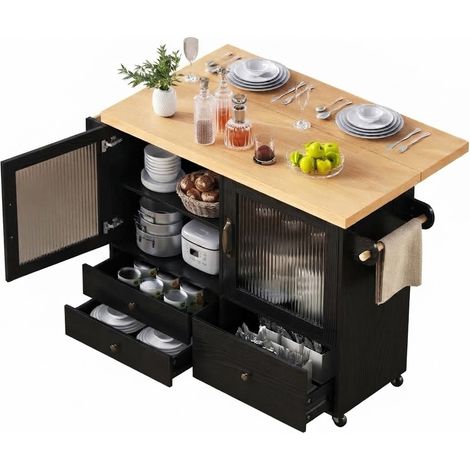 ELVMI Küchenwagen mit ausklappbarer Arbeitsplatte, 2 Türen, Schubladen, Weinglashalter und Rollen, MDF, Schwarz und Holz (1/5)