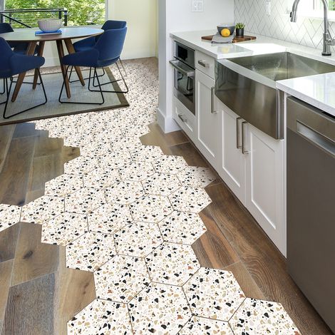 Stickers sol anti-dérapants tomettes terrazzo Carlo 40x90cm – Lot de 10 stickers hexagonaux 20x18cm – Surface résistante et étanche - 40x90cm-10stickershexagones20x18cm (1/5)