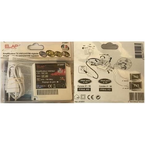 AMPLIFICATEUR TV VHF /UHF /FM REGLABLE REF 372001 ELAP HDME