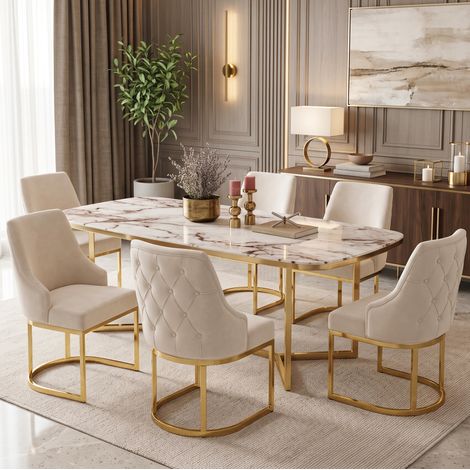 Juego de 6 sillas de comedor, tapizadas en terciopelo, respaldo con relieve 3D, patas metálicas, beige y dorado (1/5)