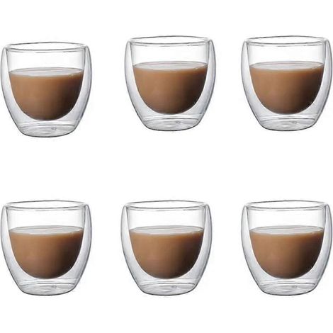 6 Stück durchsichtige doppelwandige Glasbecher für Kaffee, Tee, Milch und Saft, 80 ml