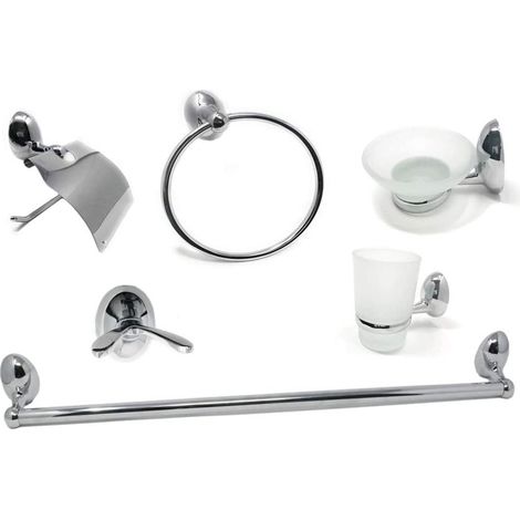 Set Bagno Moderno in Acciaio Cromato e Vetro Satinato 6 Pezzi Accessori Bagno portasaponetta portarotolo spazzolini Asciugamano