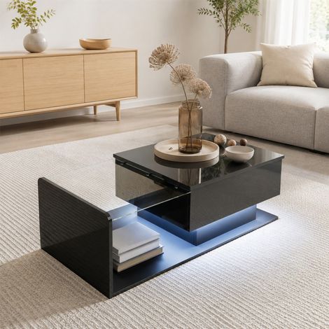 Table basse relevable 100 x 50 x 33/47,5 cm noire brillante, LED, verre et panneaux MEUBLIV (1/5)