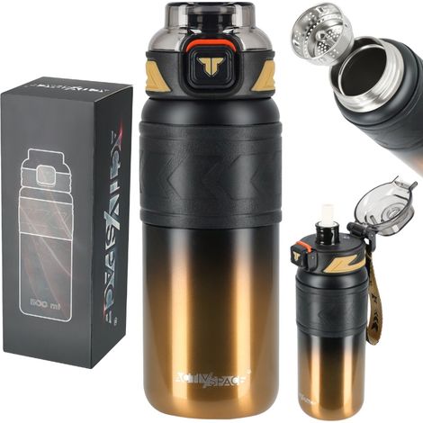 Tazza termica con cannuccia, a prova di perdite, antiscivolo, 500 ml - nero oro