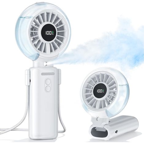 Mini Ventilateur Brumisateur Portable - 100 Vitesses Petit Ventilateur USB Rechargeable, 6000mAh 3-en-1 Fan Poche Pliable de Main, Bureau ou Cou avec Ecran LED, pour Extérieur, Voyage, Bureau (Blanc) (1/5)