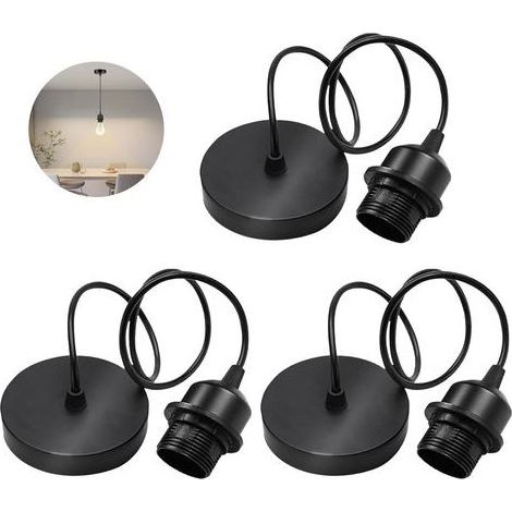 3er-Set E27-Pendelleuchten: 100 cm Kabel, E27-Fassung mit Befestigungsring, verstellbares Textilkabel für Zuhause, Bar, Café – Schwarz (1/5)