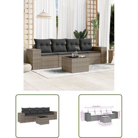 The Living Store 5-tlg. Garten-Sofagarnitur mit Kissen Grau Poly Rattan - Gartenmöbel - PE-Rattan - Outdoor Möbel - Lounge Set - Esstisch