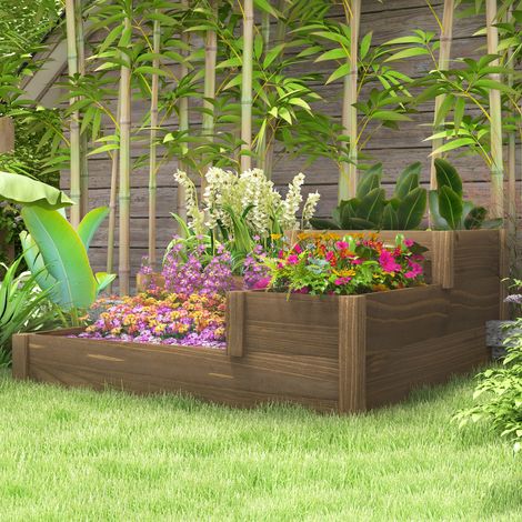 Parterre haute, 4 pots de plantes sur 3 marches, résistant aux intempéries, bois massif, 122 cm x 122 cm x 51 cm, nature (1/5)
