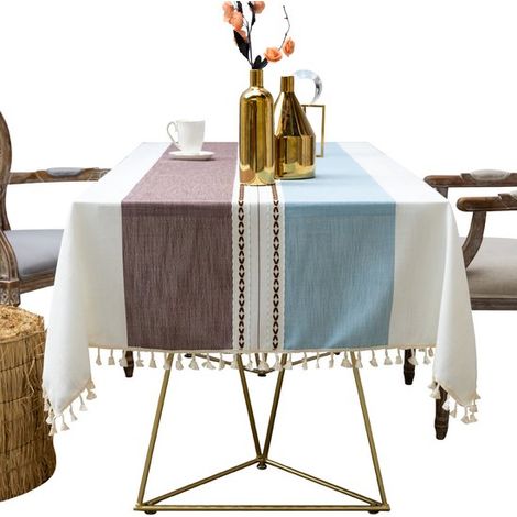 Nappe rectangulaire d'extérieur en lin, nappe en coton imperméable de style bohème champêtre avec pompons, robuste et infroissable, pour les pique-niques (1/5)