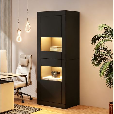 Vetrina 61x42x162 cm con illuminazione LED, ripiani in vetro regolabili, pannello in truciolato, nero (1/5)
