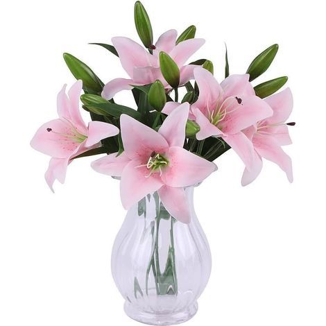 Bouquet Fleur Artificielle Lot de 5 Fausses Fleurs Artificielles Lys en Plastique pour Maison Deco Mariage Champetre Cimetiere Plante Artificielle pour Exterieur Intérieur (Rose) (1/5)