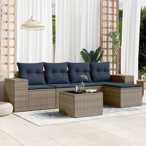 Salon de jardin 6 pièces avec canapé en résine tressée grise et coussins bleu marine - PANGIVO (1/5)