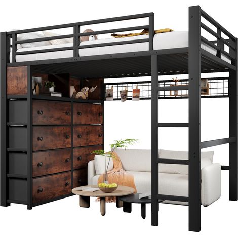 Lit mezzanine 140x200 cm avec 8 tiroirs, LED 7 couleurs, étagères et panneau perforé, structure métal et MDF noir pour chambre enfant, gain de place - CHICFURN (1/5)