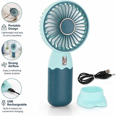 Ventilateur Mini de Poche USB Vert Cartoon 16 x 4 x 8 cm - Petit Ventilateur Portable Rechargeable Cadeau (1/5)