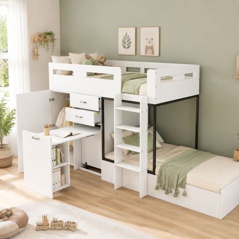 Letto a castello in MDF bianco e nero 90x200 cm con scrivania estraibile, armadio, cassetti e rete inclusa (1/5)