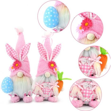 Decorazione pasquale a forma di gnomo, 2 pezzi – Rosa, in peluche, coniglietto svedese, decorazione da tavolo (1/4)