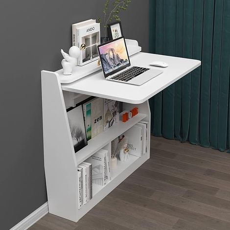 Folding Wall Desk, Multifunctional Wooden Wall Laptop Desk with Storage Shelves Home Office Table Workstation (White) (1/5)