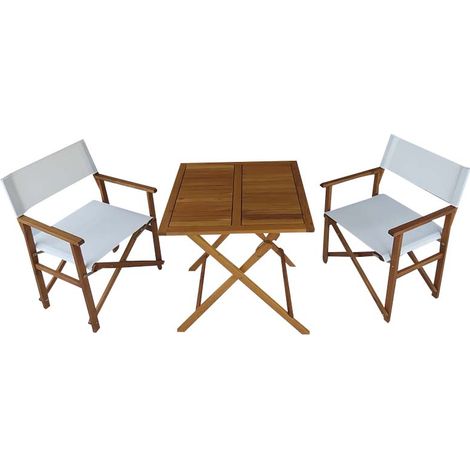 GARDENIA Set pieghevole rei, composto da: 2 sedie regista 57x53xh.87 cm, con tessuto imbottito bianco, tavolo 68x68xh74 cm, struttura in legno di robinia