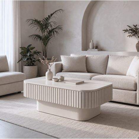 Tavolino rettangolare 98 x 60 x 35 cm con contenitore, effetto scanalato crema HAVRYA (1/5)