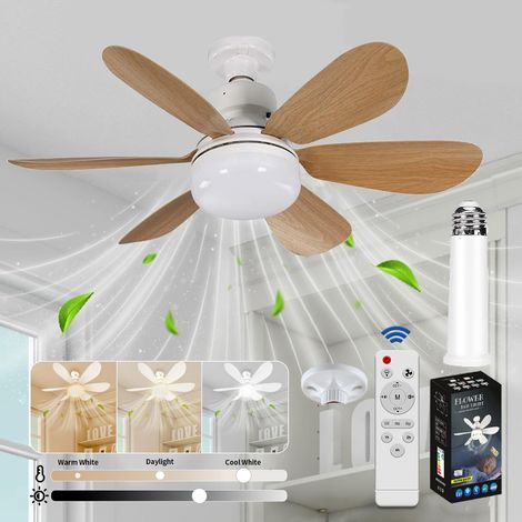 Ventilateur de plafond 52 cm avec rallonge et culot E27, ventilateur de plafond LED,trois températures de couleur,6 pales,3 vitesses,minuterie, marron (1/5)