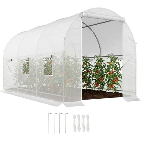 Serre tunnel de jardin 7m², serre de jardin tunnel avec porte et 6 fenêtres, bâche PE 140 g/m² 350 x 200 x 200 cm blanc (1/5)
