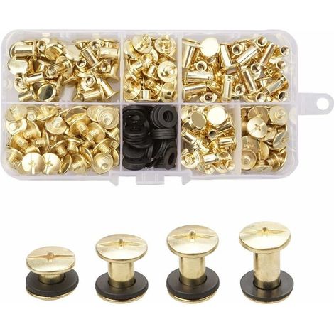 Lot de 120 vis de reliure Chicago en laiton, 4 tailles de vis, rivets en métal, bouton Chicago, vis à tête cruciforme, kit de vis Chicago pour loisirs créatifs, ceinture, portefeuille, décoration. (1/5)