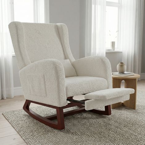Rocking Chair de Salon avec Poches Latérales, Fauteuil à Bascule avec Repose-pieds Rétractable, 99x64x67cm, Fauteuil Relax Rembourré, Pieds en Bois, Style Moderne, Laine bouclée Teddy, Blanc