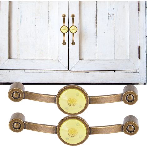 Set aus 2 antiken Schubladengriffen aus Zinklegierung in Bronzeoptik, europäischer Landhausstil, farbige Acrylgriffe, gelb. (1/5)