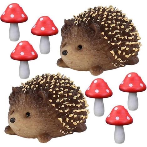 8 Pcs Décoration Micro Paysage,Statue du Hérisson en Résine,Sculpture de Champignons en Bois,Belle Sculpture d'animaux en Résine (1/4)