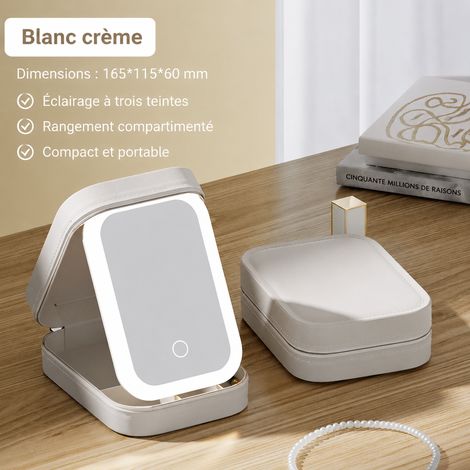 Boîte de rangement maquillage portable blanc crème avec miroir blanc 18 × 13 × 8 cm 450 g – Livraison gratuite