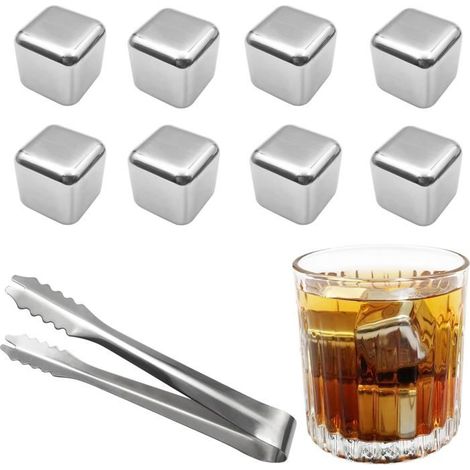 Ecleanfy - Lot de 8 glaçons en acier inoxydable, avec une pince à glaçons en acier inoxydable pour le vin, un cadeau pour la fête des pères.