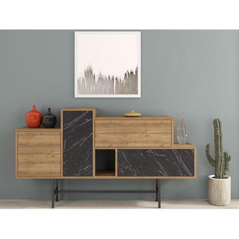 Aparador 160x90 H cm roble y efecto mármol negro con dos puertas y dos cajones - Ururi (1/5)