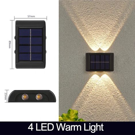 (4 LED à lumière chaude) Applique murale solaire LED étanche pour extérieur, éclairage vers le haut et vers le bas, lampe solaire pour jardin, clôture ou cour, décoration solaire (1/5)