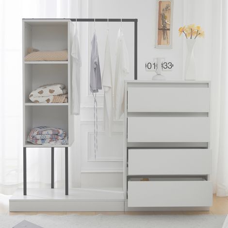 Vestidor abierto con cómoda de almacenaje, armario ropero para dormitorio o recibidor, de madera y metal 140 x 40 x 135 cm con 4 cajones y barra para colgar, Blanco (1/5)