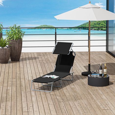 Outsunny Sonnenliege klappbar Gartenliege mit Sonnenschutz Liegestuhl mit 4-Fach verstellbare Rückenlehne Campingliege bis 120kg belastbar für Garten, Balkon und Pool geeignet, 6 Farben(Schwarz )