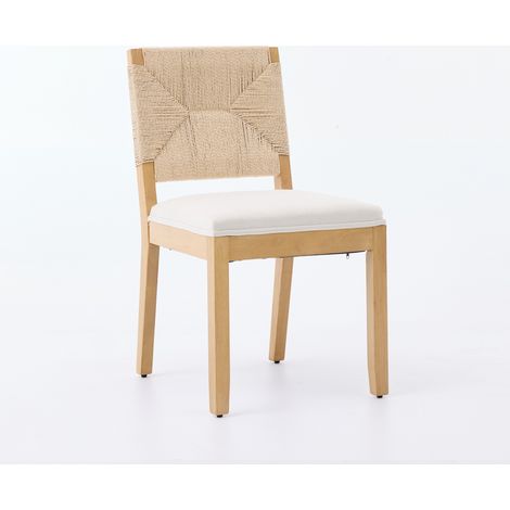 Ensemble de 2 chaises de salle à manger mid-century en rotin et corde, dossier cannage, assise en lin, finition naturelle, beige (1/5)