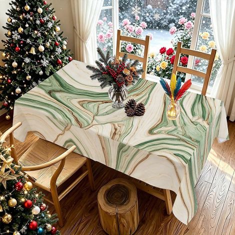 Nappe imprimée 2D motif marbre aquarelle vert (1 pièce), élégante pour dîner en intérieur, pique-nique en extérieur, fête de Noël ou du Nouvel An dans le jardin. (1/4)